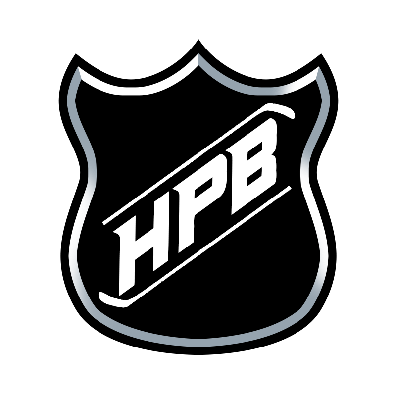 the #HockeyPostgameBar logo: the letters HPB between two hockey sticks on a black shield with a silver border